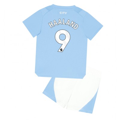Otroški Nogometni dresi Manchester City Erling Haaland #9 Domači 2023-24 Kratek Rokav (+ Kratke hlače)